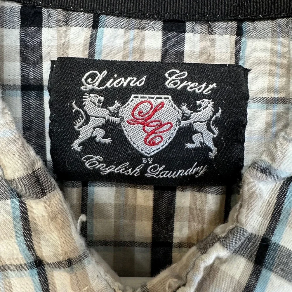 English Laundry Lions Crest Shirt Mens Large Plaid Black Short Sleeve Pearl Snap